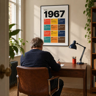 1967 Year in Review Print, framed on the wall of a compact home study in a renovated British terrace with a cream wall and oak floor