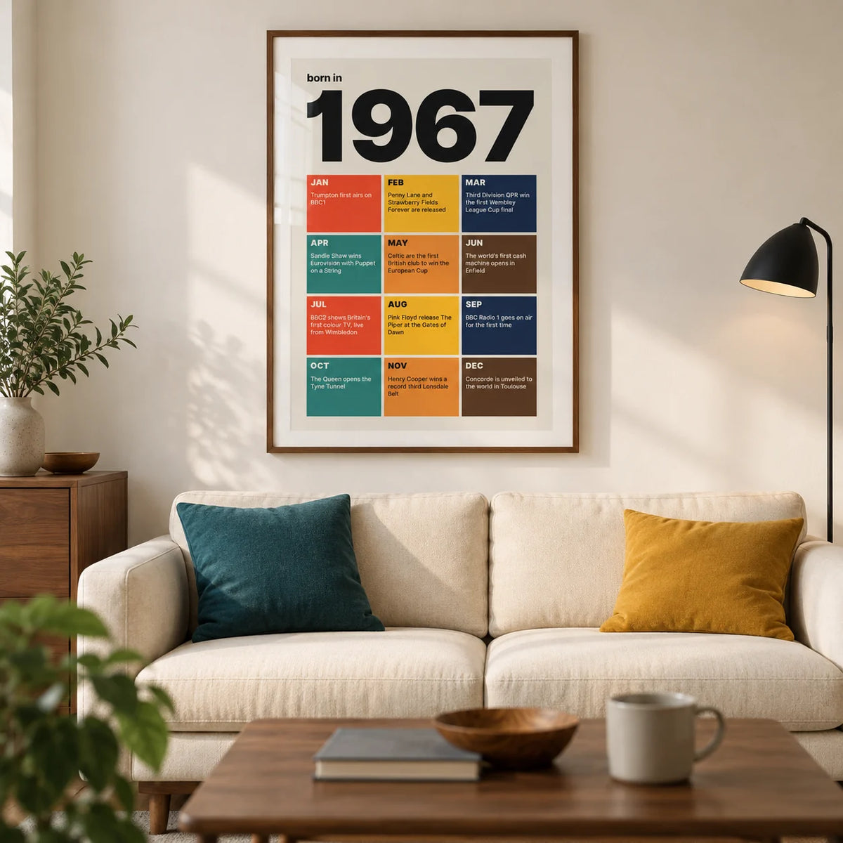 1967 Year in Review Print, framed on the wall of a modern living room in a UK family home with warm white walls