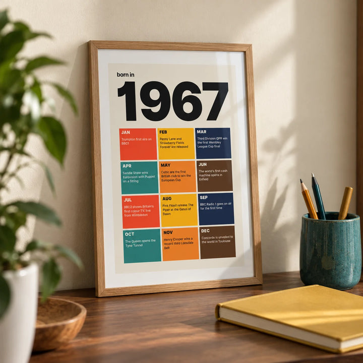1967 Year in Review Print, a small A4 framed print leaning on a walnut desk