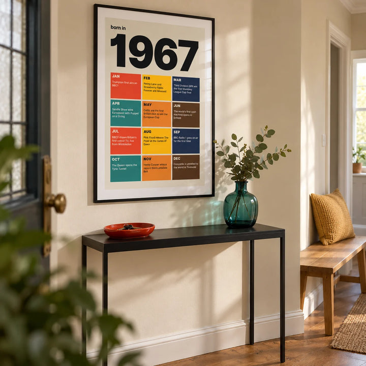 1967 Year in Review Print, framed on the wall of a welcoming hallway in a British semi-detached home with pale cream walls and warm timber flooring