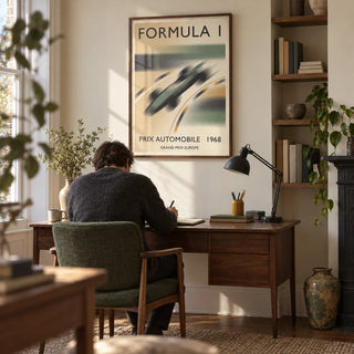 1968 Vintage Racing Poster, framed on the wall of a characterful home study in a UK Victorian terrace