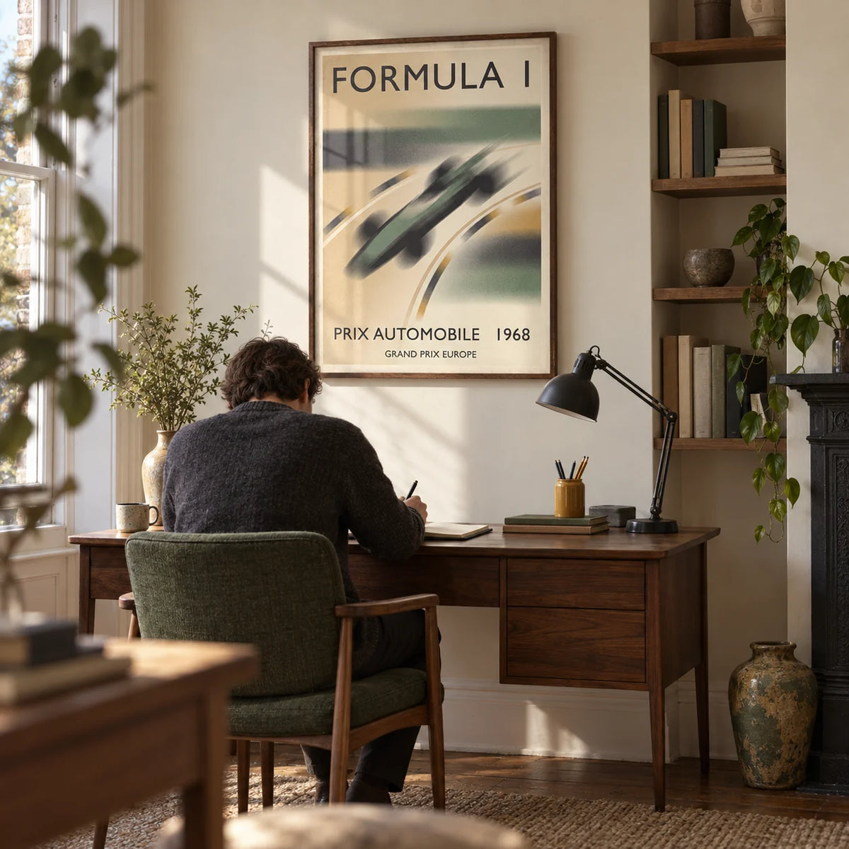 1968 Vintage Racing Poster, framed on the wall of a characterful home study in a UK Victorian terrace
