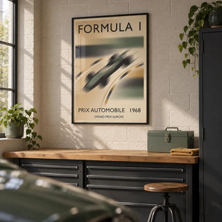 1968 Vintage Racing Poster, framed on the wall of a clean hobby garage in a UK home