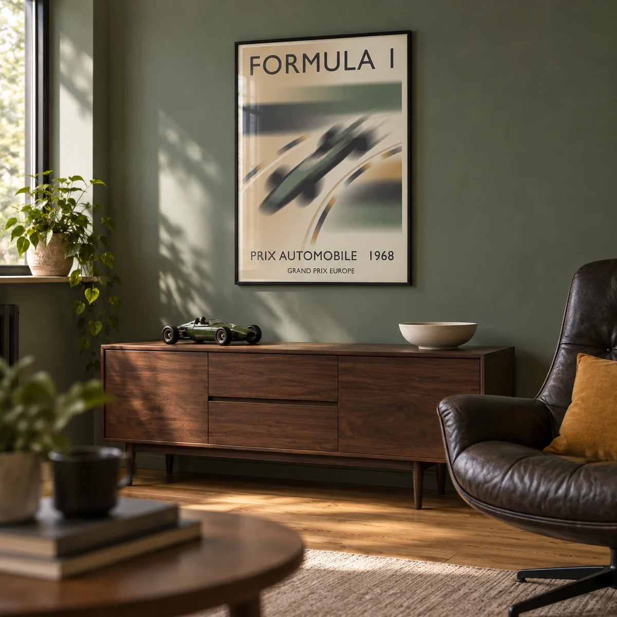 1968 Vintage Racing Poster, framed on the wall of a compact racing enthusiast's den in a UK semi-detached home in a living room