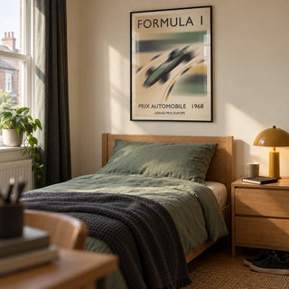 1968 Vintage Racing Poster, framed on the wall of a tidy motorsport-loving teenager's single bedroom (16-17) in a UK terraced house