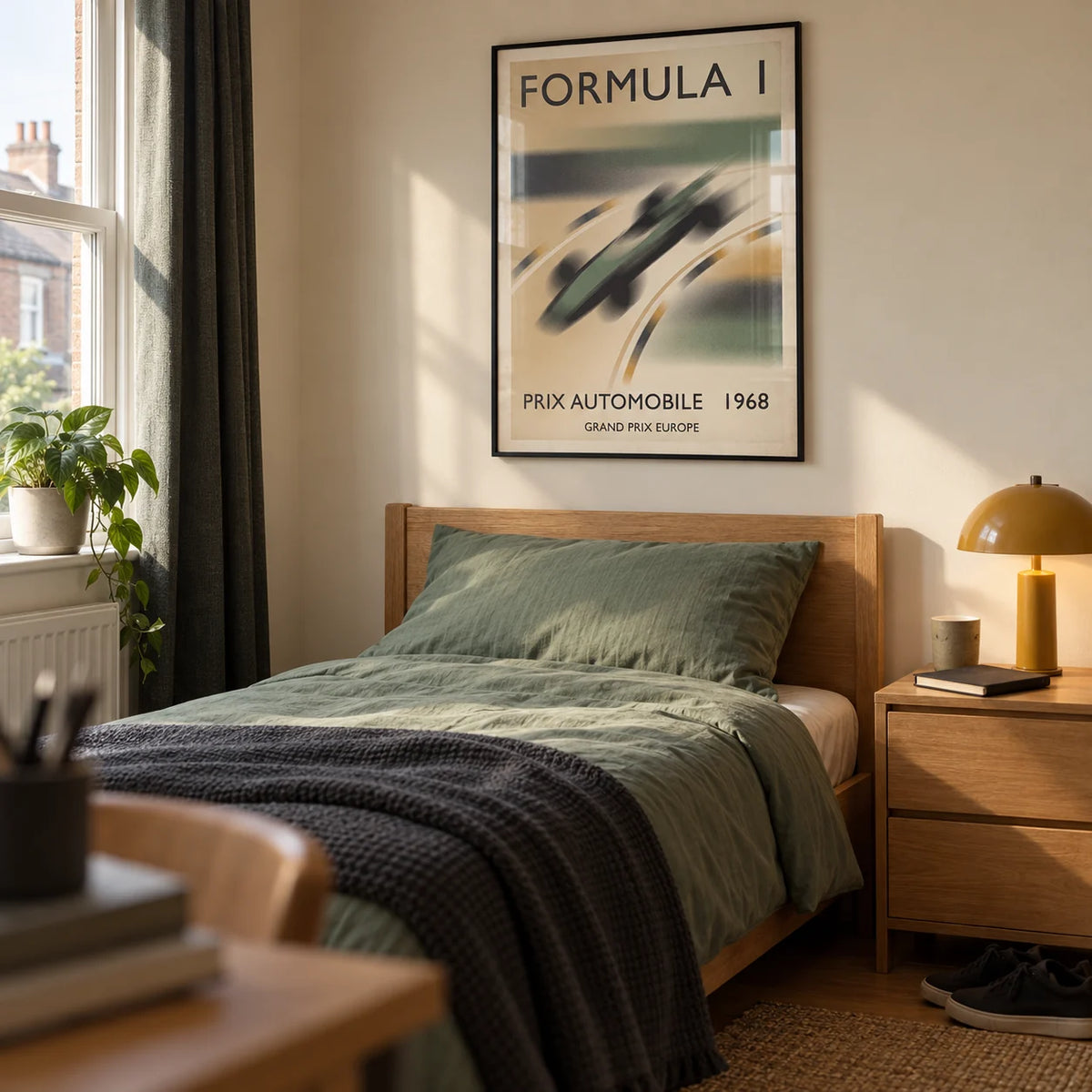 1968 Vintage Racing Poster, framed on the wall of a tidy motorsport-loving teenager's single bedroom (16-17) in a UK terraced house