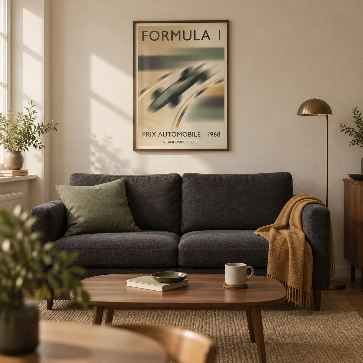 1968 Vintage Racing Poster, framed on the wall of a warm modern living room in a UK first flat (22-28)