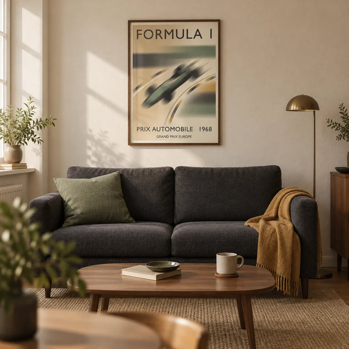 1968 Vintage Racing Poster, framed on the wall of a warm modern living room in a UK first flat (22-28)