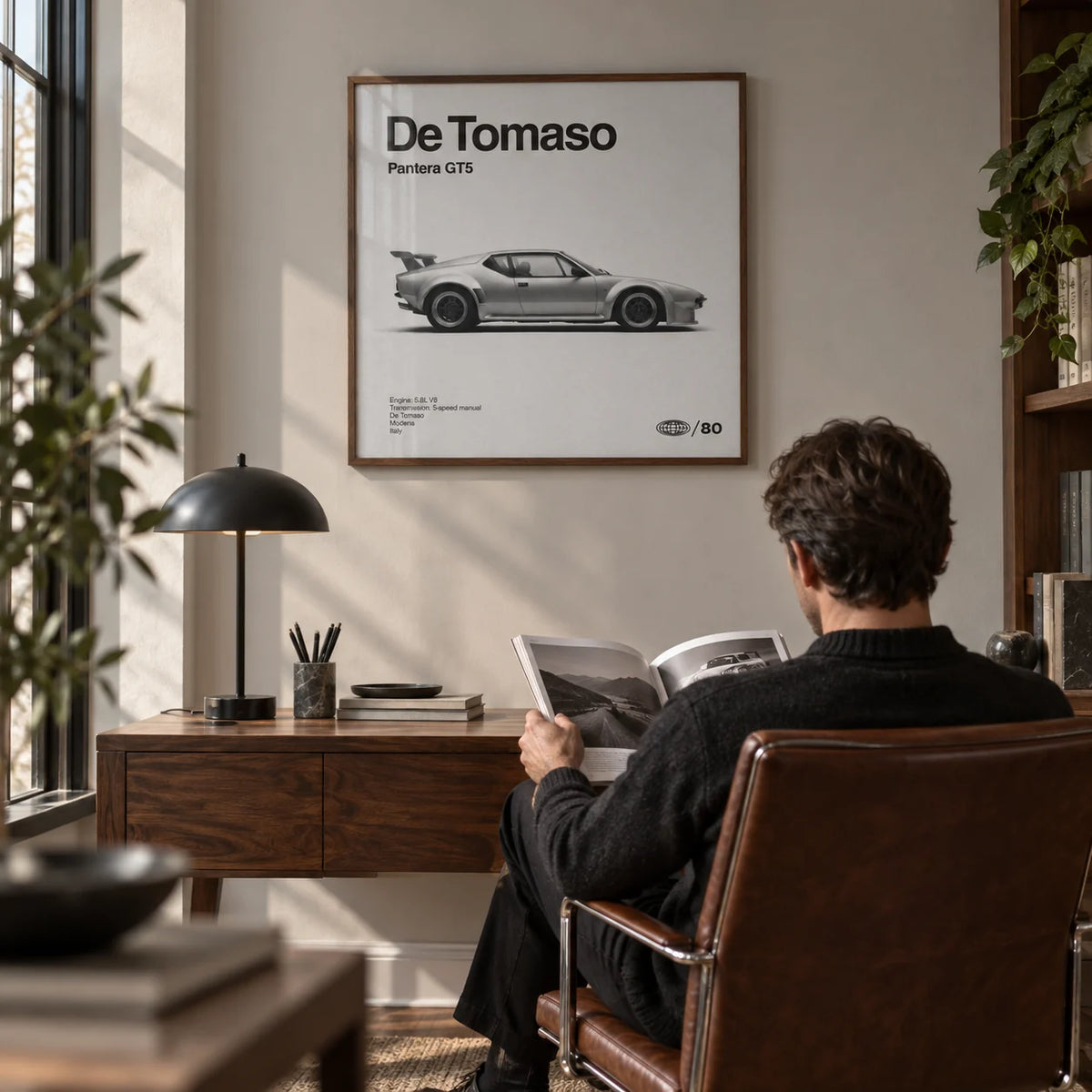 1970s Wedge Sports Car Poster, framed on the wall of a classic study with a pale grey wall