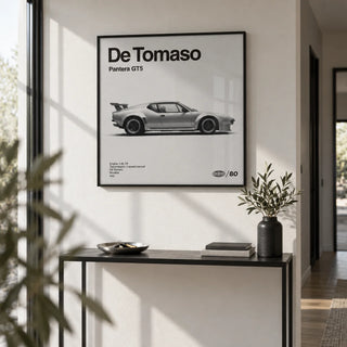 1970s Wedge Sports Car Poster, framed on the wall of a modern hallway with a white wall