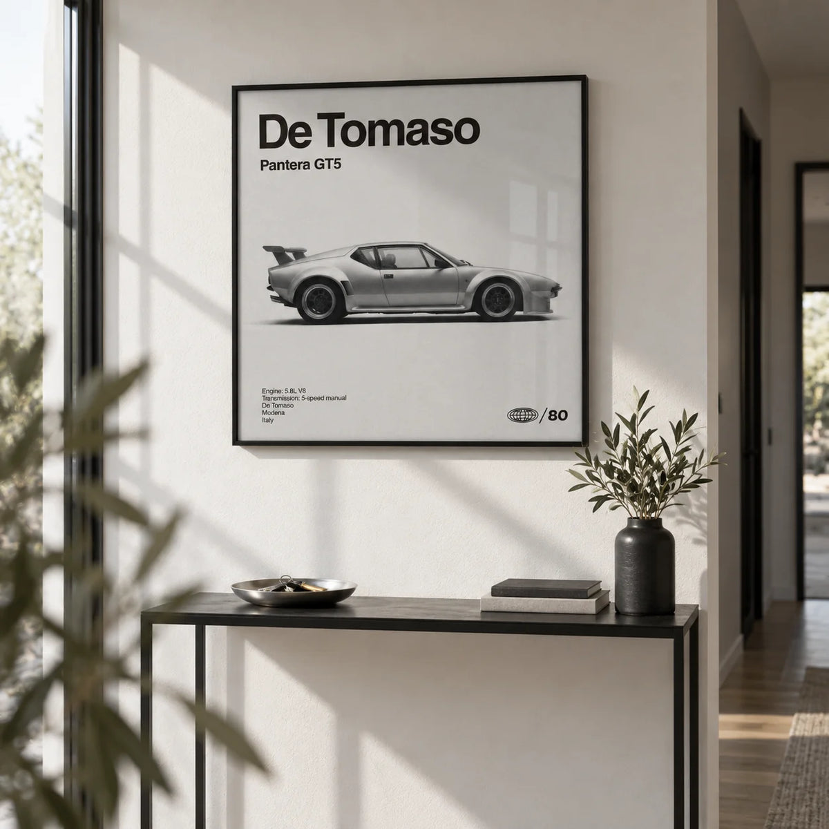 1970s Wedge Sports Car Poster, framed on the wall of a modern hallway with a white wall