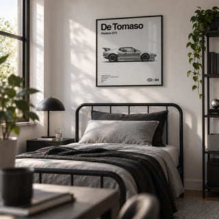 1970s Wedge Sports Car Poster, framed on the wall of a modern single bedroom for a young adult (18-25) with a white wall
