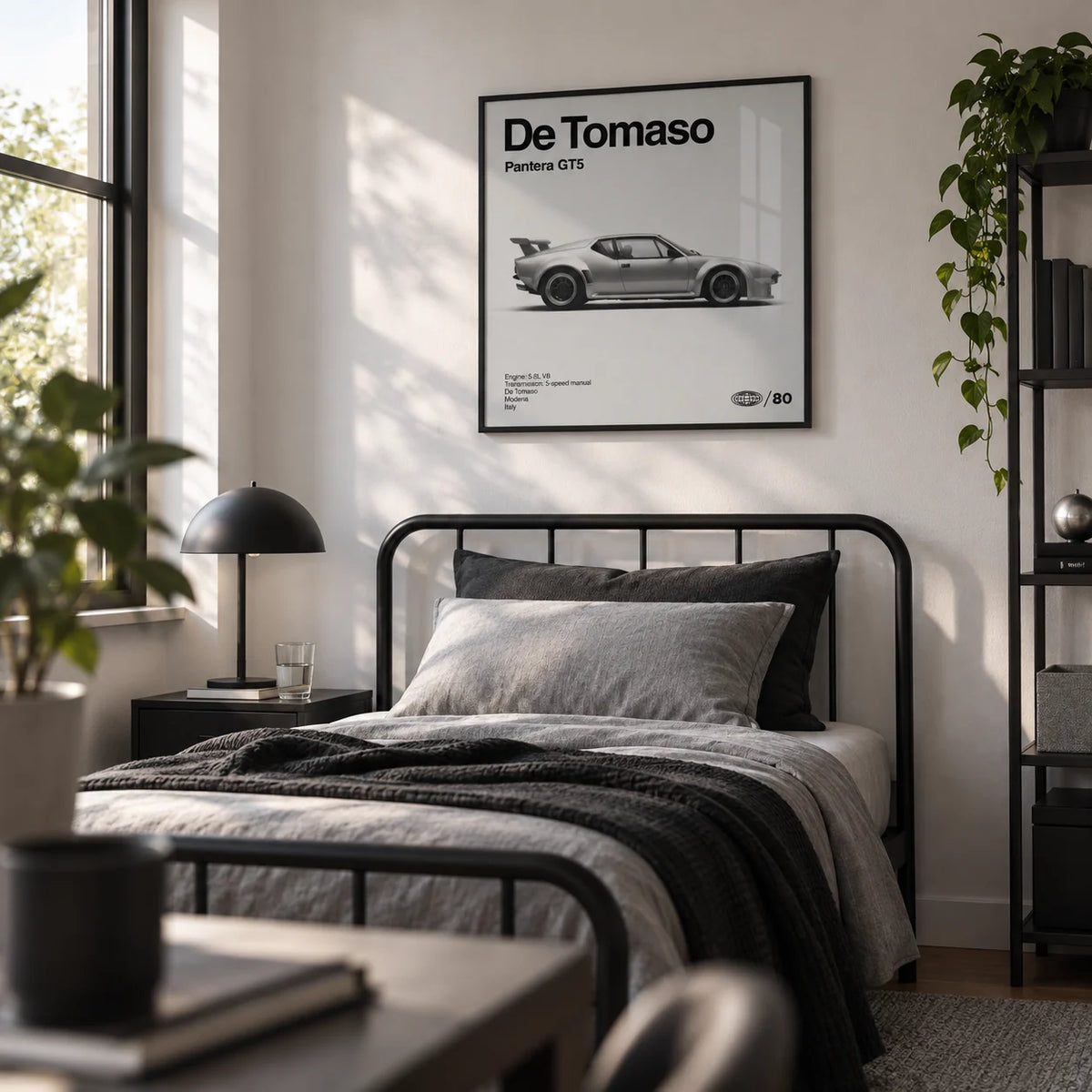 1970s Wedge Sports Car Poster, framed on the wall of a modern single bedroom for a young adult (18-25) with a white wall