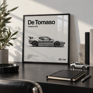 1970s Wedge Sports Car Poster, a small A4 framed print leaning on a black desk