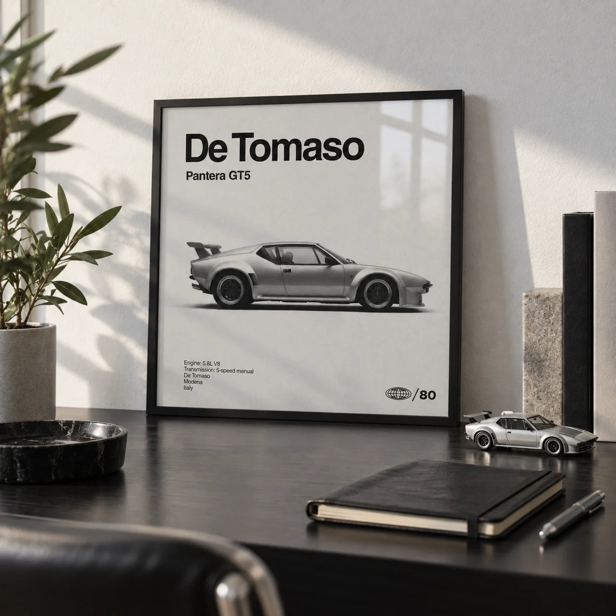 1970s Wedge Sports Car Poster, a small A4 framed print leaning on a black desk
