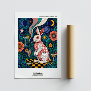 Showcasing Colorful Rabbit Art Print with seated rabbit on a checkered floor