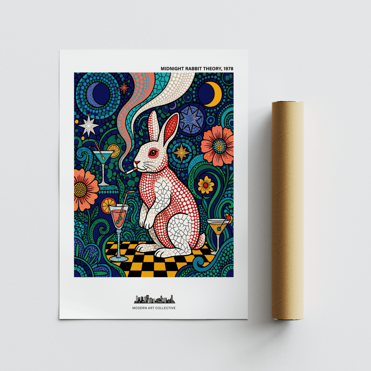 Showcasing Colorful Rabbit Art Print with seated rabbit on a checkered floor
