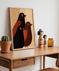 Graphic bird art with warm Brown, Orange, and Beige color blocks