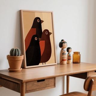 Graphic bird art with warm Brown, Orange, and Beige color blocks