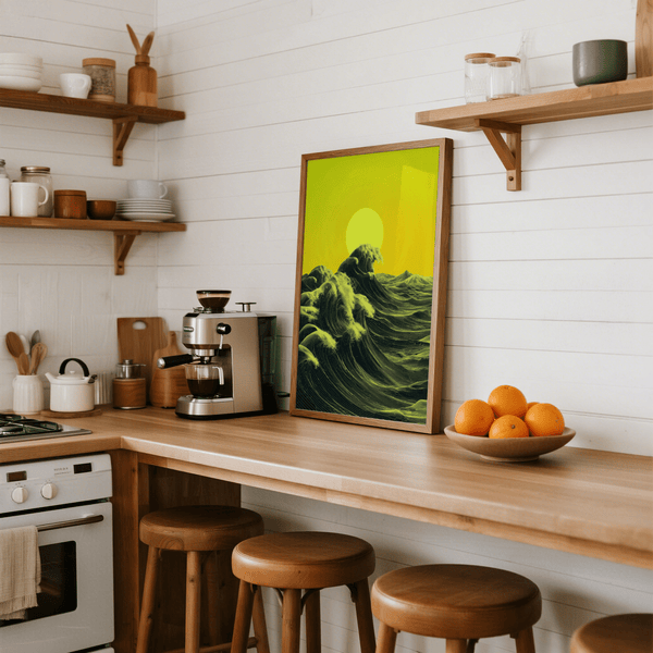 Abstract Ocean Art Print, bold yellow and green for creative workspace