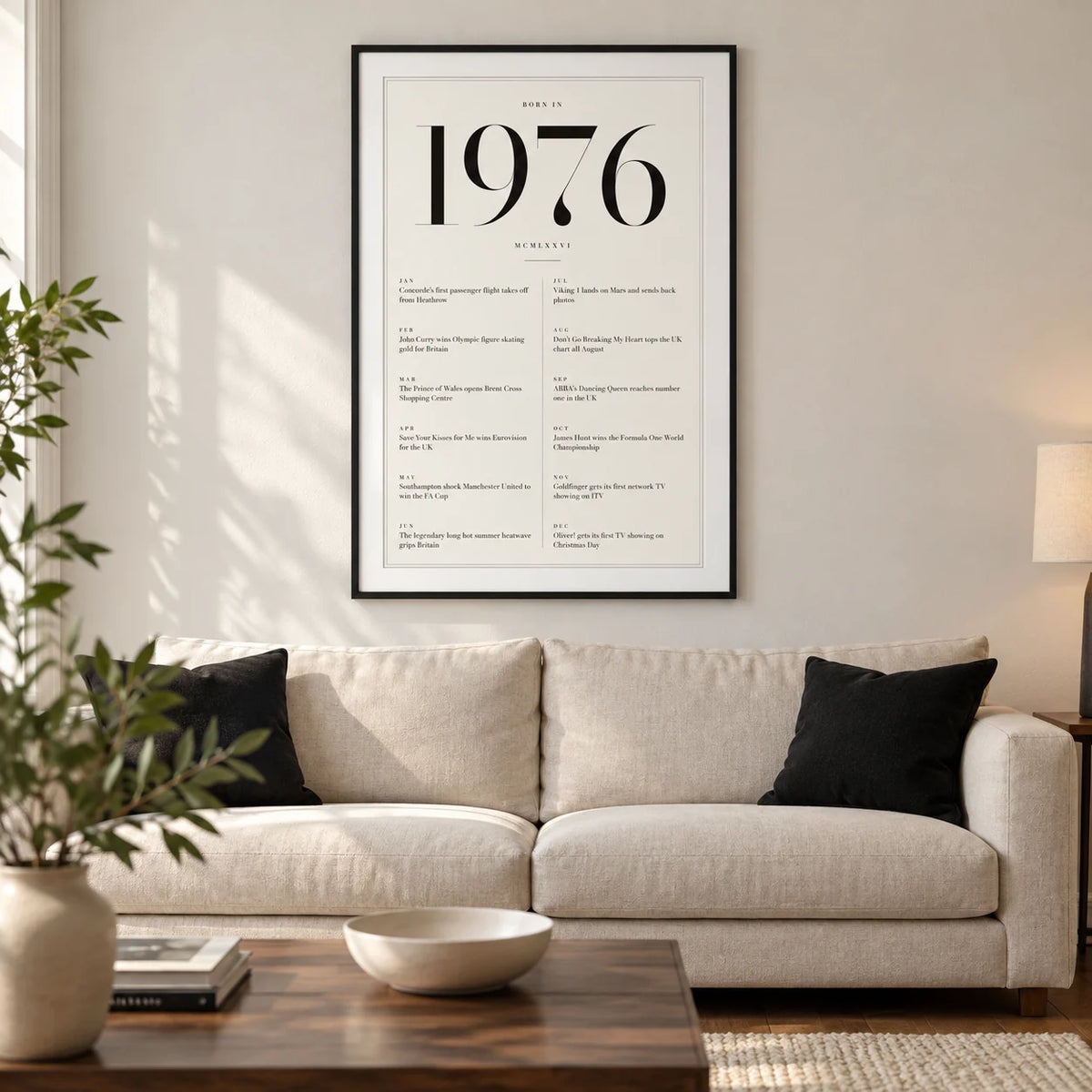 1976 Birthday Print, framed on the wall of a refined modern living room in a UK terraced home with a warm white wall and walnut floor