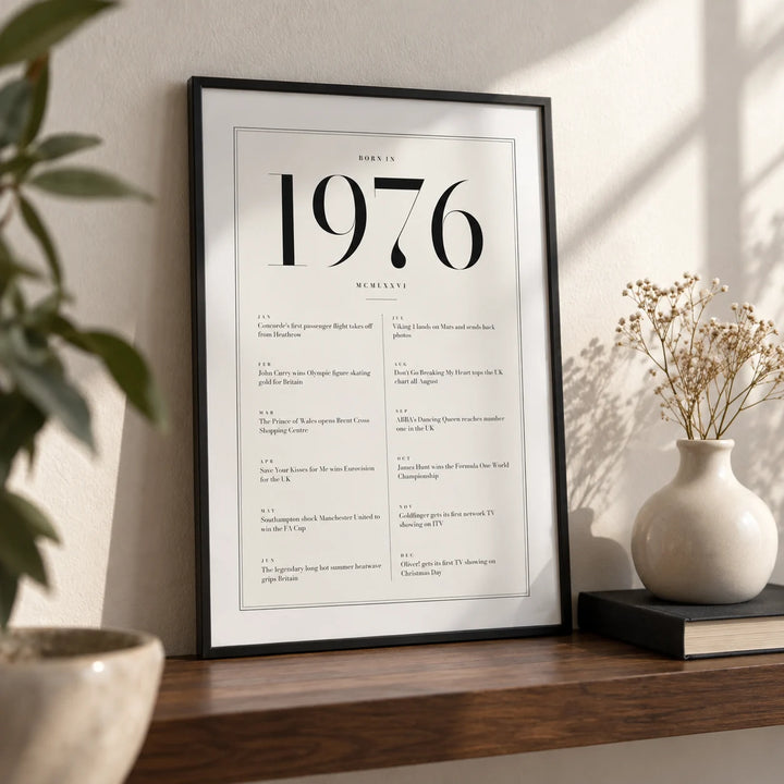 1976 Birthday Print, a small A4 framed print leaning on a walnut shelf in a living room