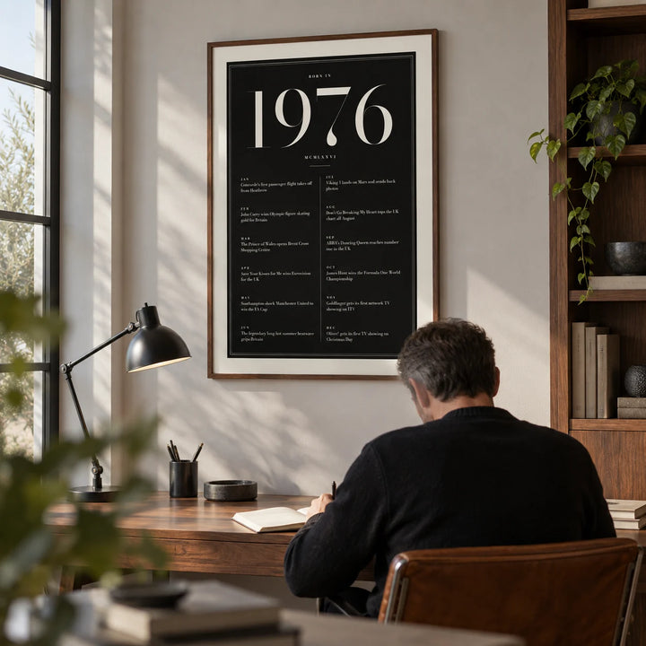 1976 Black Birthday Print, framed on the wall of a quiet home study for a design-conscious adult around 50