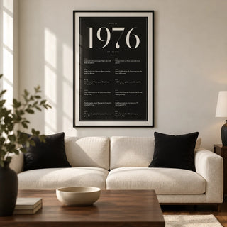 1976 Black Birthday Print, framed on the wall of a refined modern living room in a UK townhouse with a warm white wall and walnut floorboards