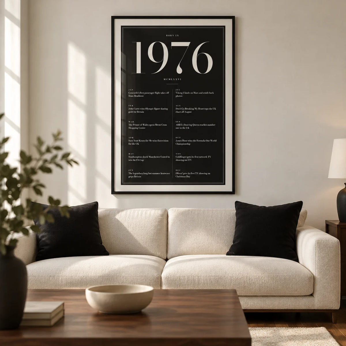 1976 Black Birthday Print, framed on the wall of a refined modern living room in a UK townhouse with a warm white wall and walnut floorboards