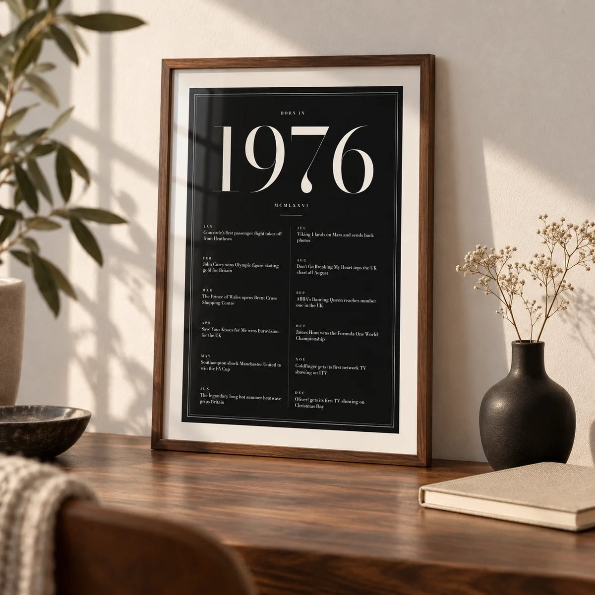 1976 Black Birthday Print, a small A4 framed print leaning on a walnut desk
