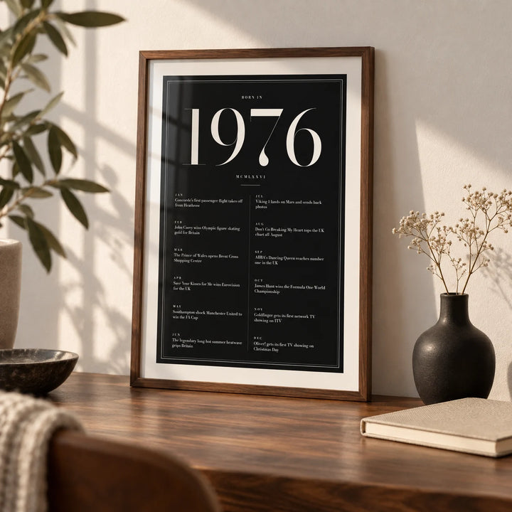 1976 Black Birthday Print, a small A4 framed print leaning on a walnut desk