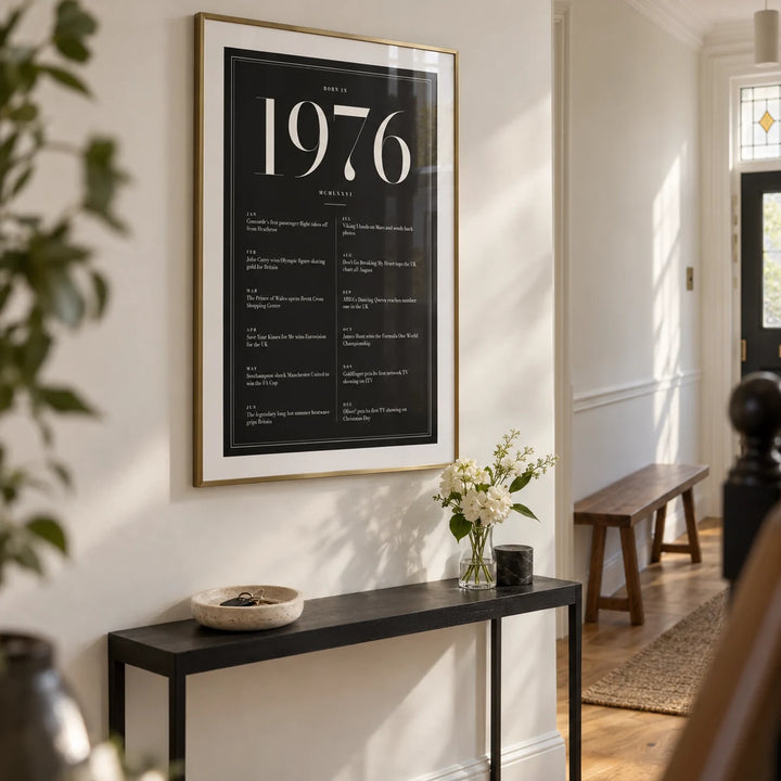 1976 Black Birthday Print, framed on the wall of a smart entrance hallway in a renovated UK terrace with a chalk white wall and warm timber floor