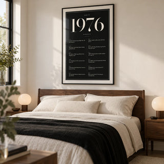 1976 Black Birthday Print, framed on the wall of a sophisticated main bedroom in a contemporary UK home with a soft ivory wall