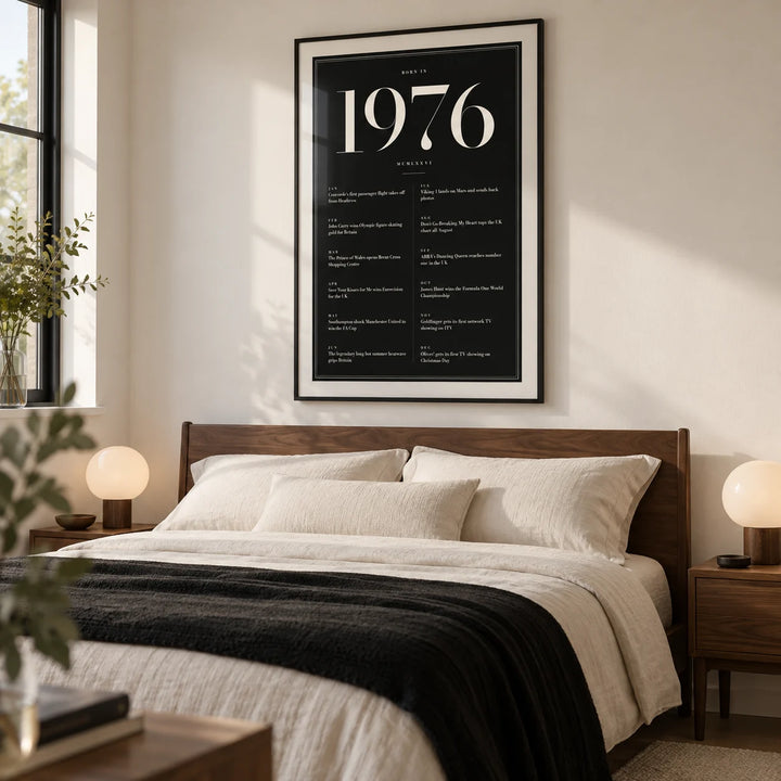 1976 Black Birthday Print, framed on the wall of a sophisticated main bedroom in a contemporary UK home with a soft ivory wall