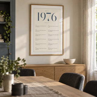 1976 Blue Birthday Print, framed on the wall of a contemporary dining room in a UK family home with ivory walls and a slate blue painted lower cupboard