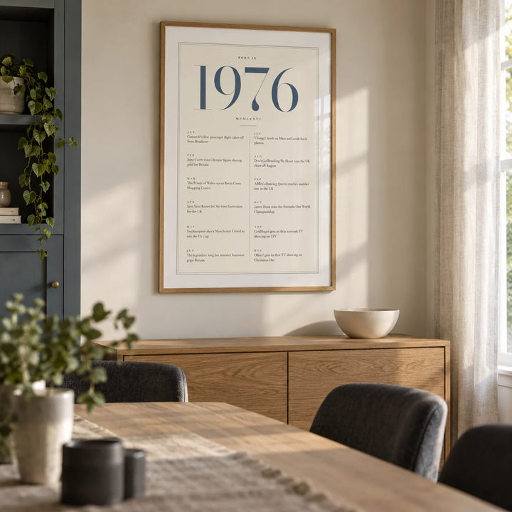 1976 Blue Birthday Print, framed on the wall of a contemporary dining room in a UK family home with ivory walls and a slate blue painted lower cupboard