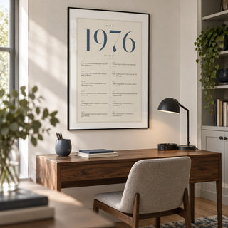 1976 Blue Birthday Print, framed on the wall of a mature design-conscious home study with a soft white wall and oak floor