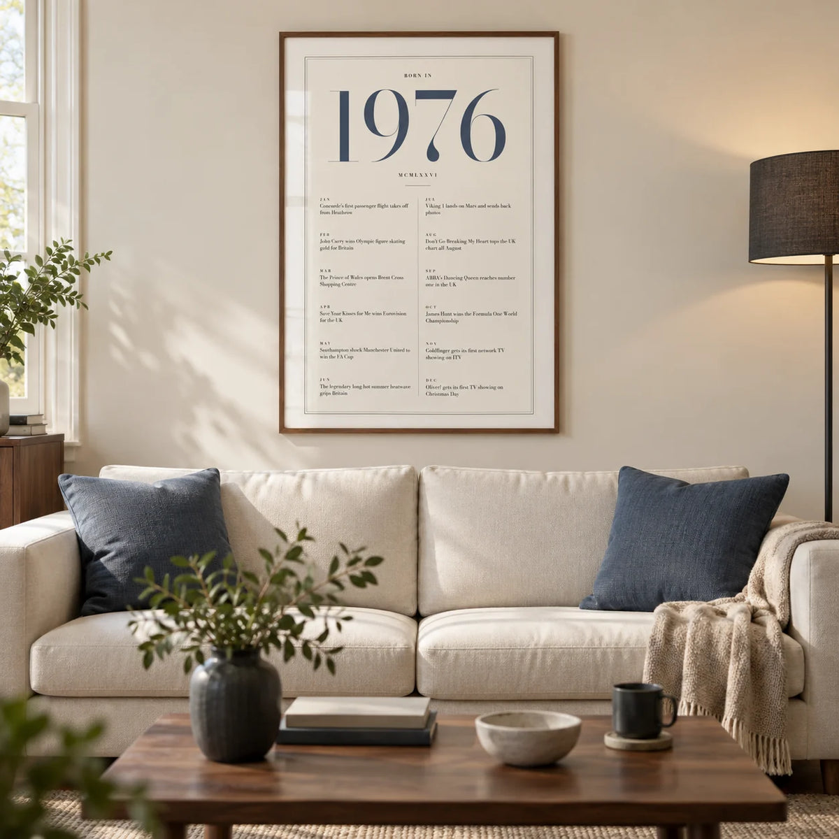 1976 Blue Birthday Print, framed on the wall of a modern living room in a British terraced house with an ivory wall and warm walnut furniture