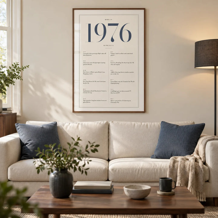1976 Blue Birthday Print, framed on the wall of a modern living room in a British terraced house with an ivory wall and warm walnut furniture