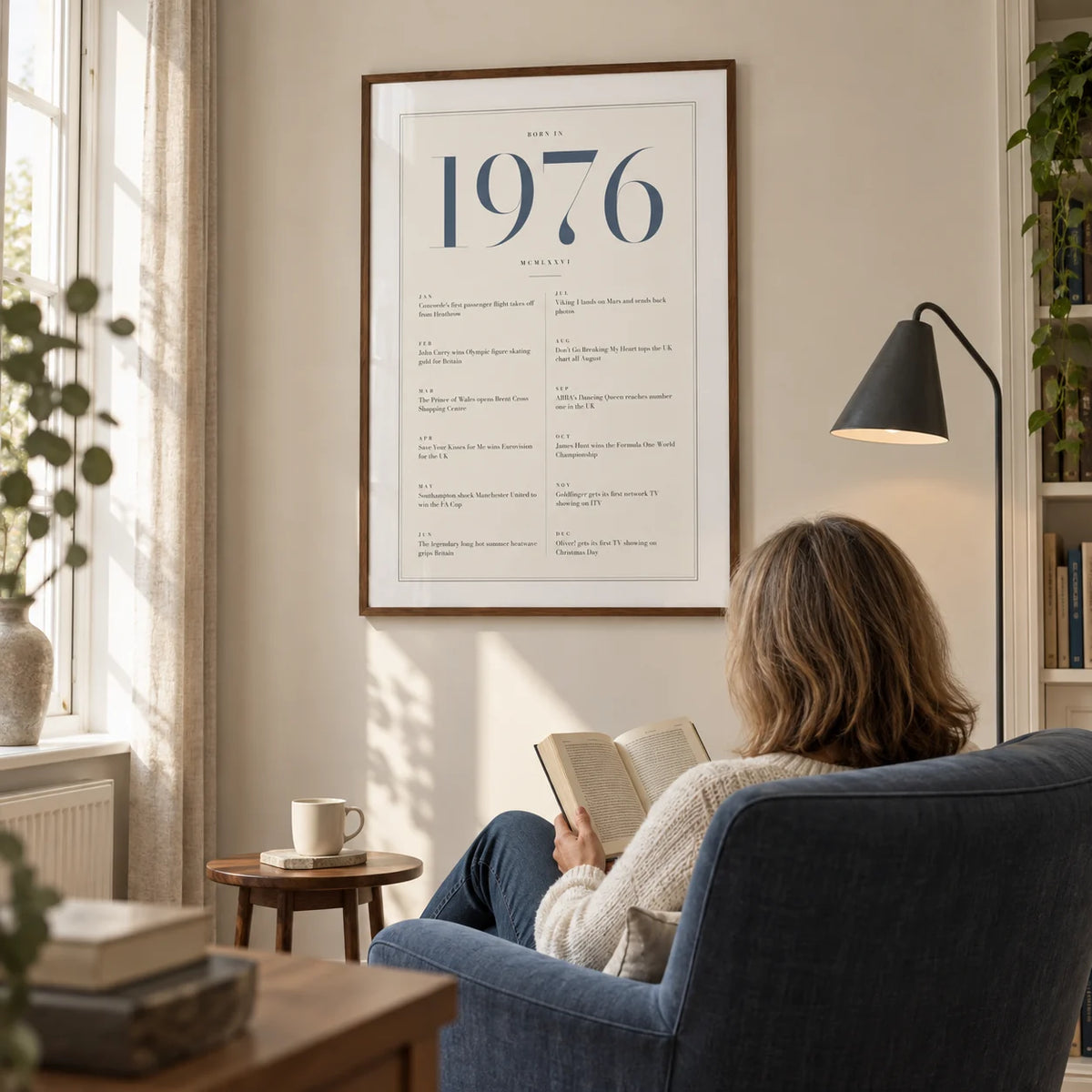 1976 Blue Birthday Print, framed on the wall of a quiet reading corner in a British townhouse with a warm ivory wall in a living room