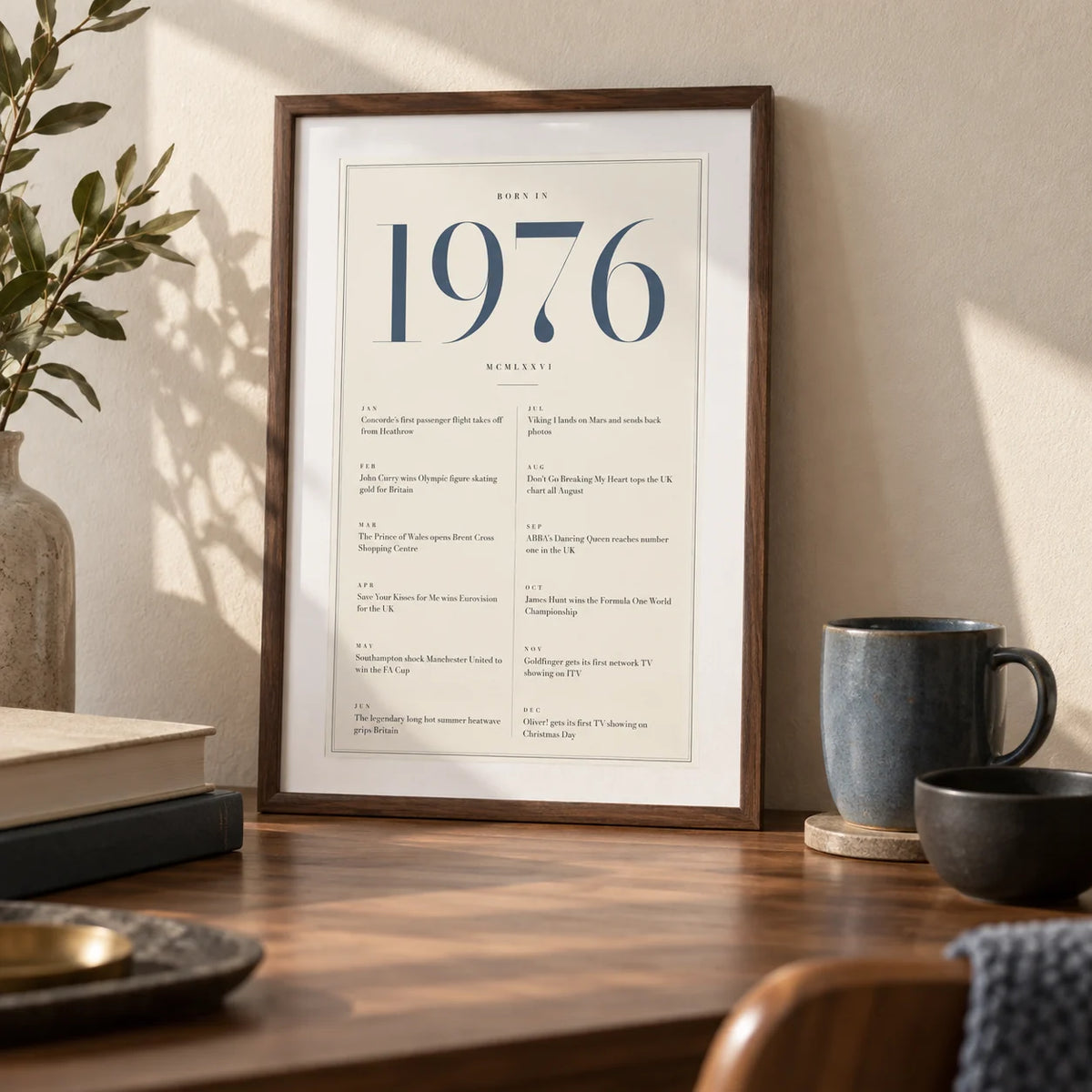 1976 Blue Birthday Print, a small A4 framed print leaning on a walnut desk