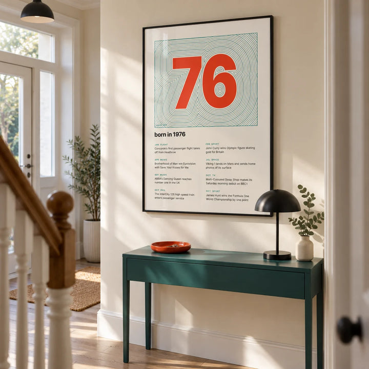 1976 Contour Map Print, framed on the wall of a bright entrance hallway in a renovated UK terrace with a cream wall and pale timber floor