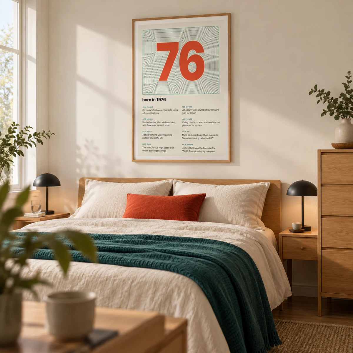1976 Contour Map Print, framed on the wall of a calm modern bedroom for a couple in their late forties to fifties with a warm white wall and simple oak furniture