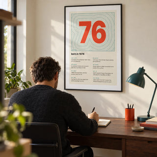 1976 Contour Map Print, framed on the wall of a compact design-conscious home study with a cream wall and a walnut desk