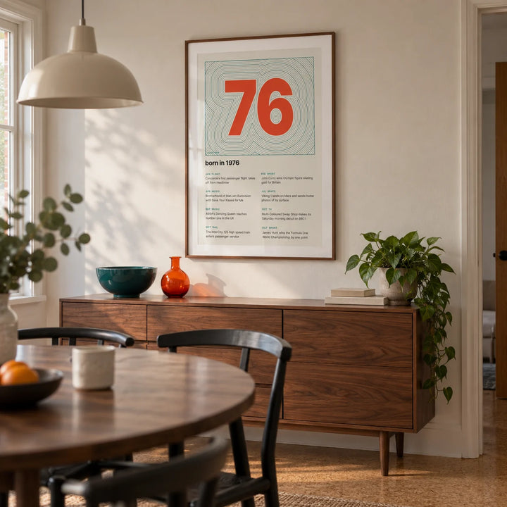 1976 Contour Map Print, framed on the wall of a modern dining room in a British semi-detached home with an off-white wall and a plain cork floor