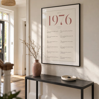 1976 Pink Birthday Print, framed on the wall of a bright entrance hallway in a renovated UK semi with warm white walls and oak floorboards