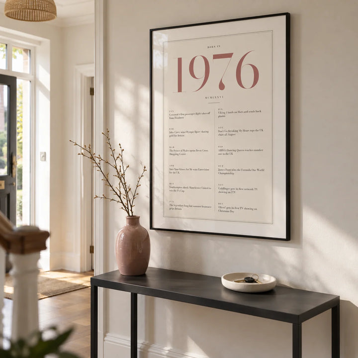 1976 Pink Birthday Print, framed on the wall of a bright entrance hallway in a renovated UK semi with warm white walls and oak floorboards
