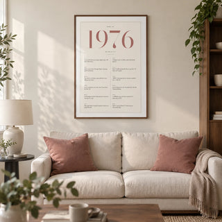 1976 Pink Birthday Print, framed on the wall of a refined modern living room in a UK terraced home with an ivory wall