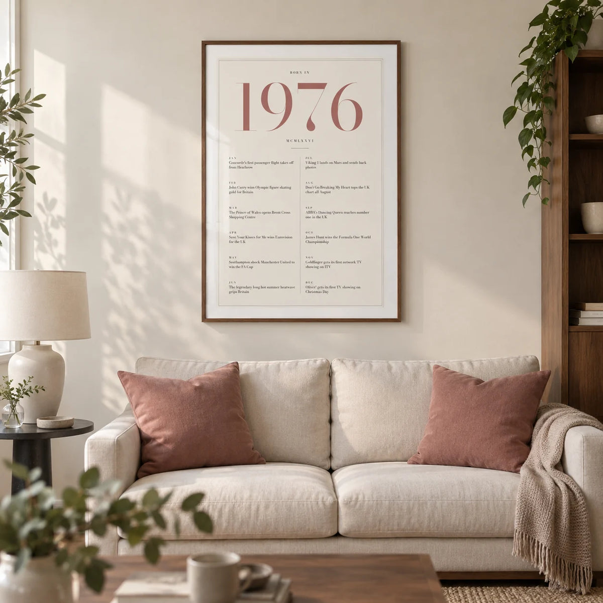1976 Pink Birthday Print, framed on the wall of a refined modern living room in a UK terraced home with an ivory wall