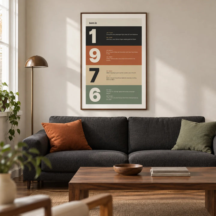 1976 Typography Print, framed on the wall of a design-led living room in a British terraced home with an off-white wall and walnut floor